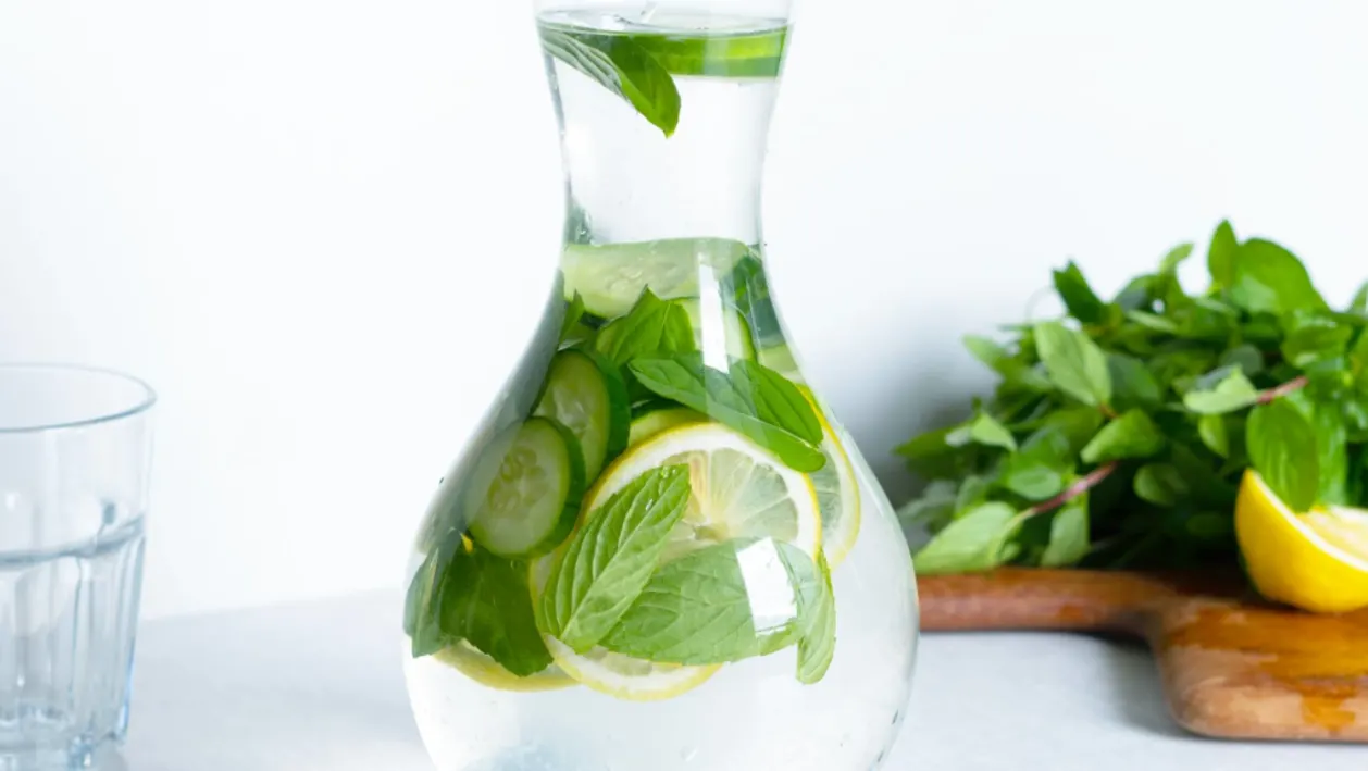 pitcher of detox water citrus fruits, cucumber, mint